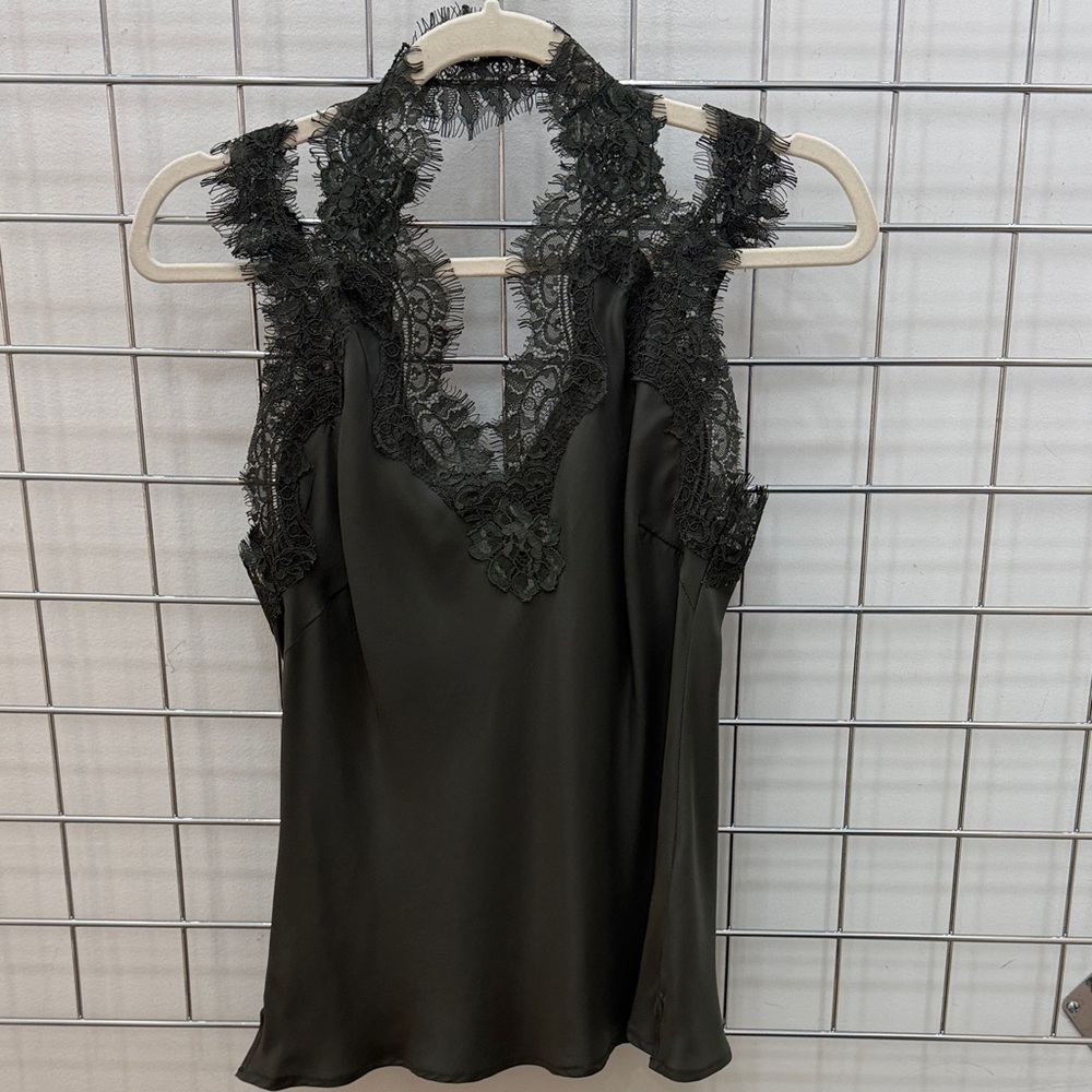 Halter Olive Silk & Lace Trim Camisole